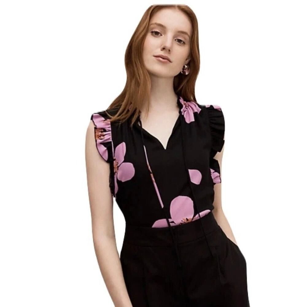 Kate Spade Grand Flora Tie Neck Shell Top Size Medium Color Black (rare)